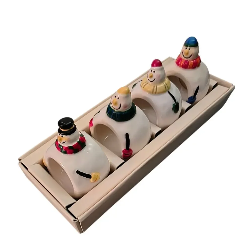 Set of 4 Williams Sonoma Snowman Ceramic Napkin Rings Holiday Christmas